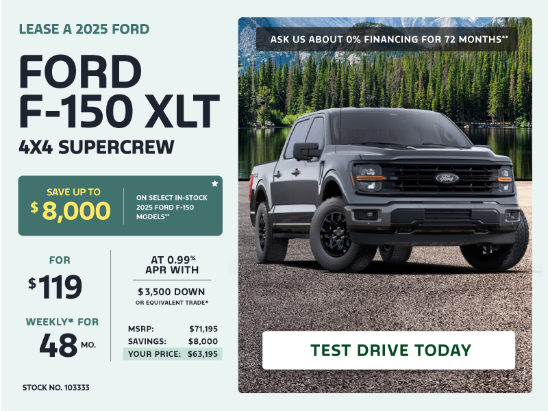 Lease a 2025 Ford F-150 XLT 4X4 SuperCrew for $119 weekly*