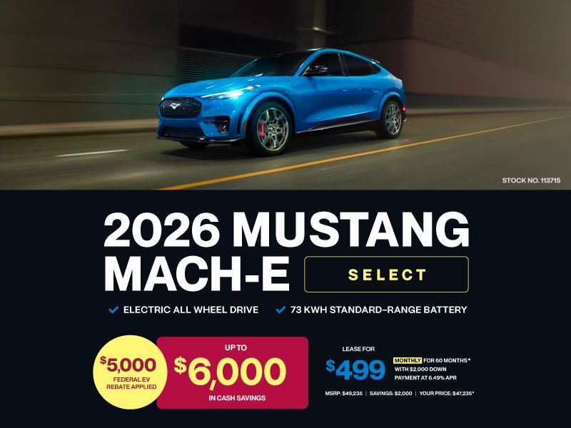 Lease a 2026 Ford Mustang Mach-E Select eAWD for $499 monthly*