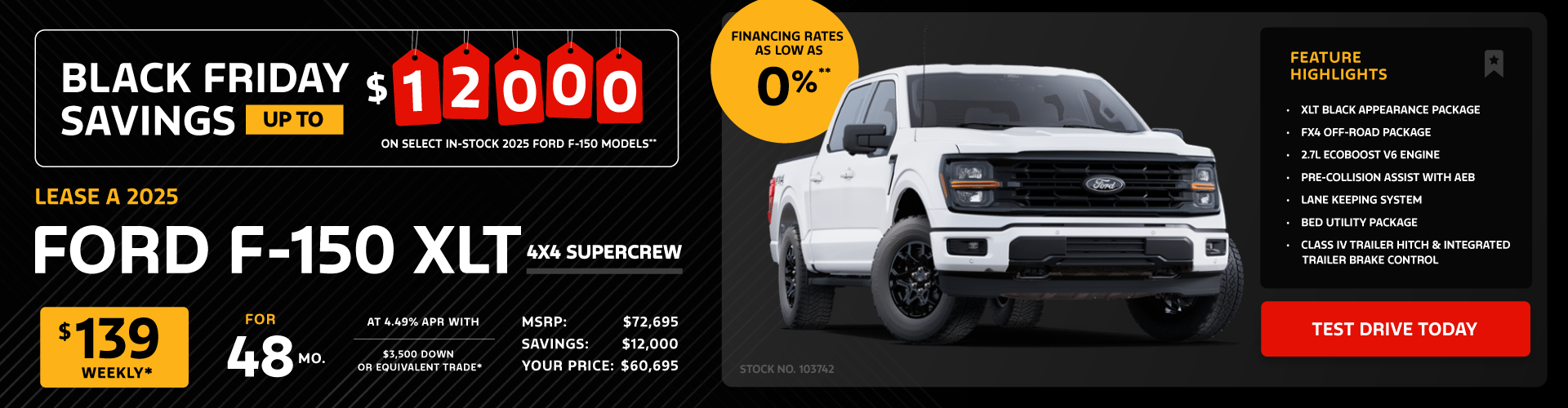 Lease a 2025 Ford F-150 XLT 4X4 SuperCrew for $139 weekly*