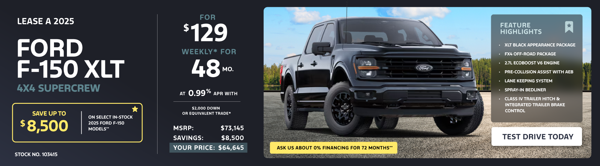 Lease a 2025 Ford F-150 XLT 4X4 SuperCrew for $129 weekly*