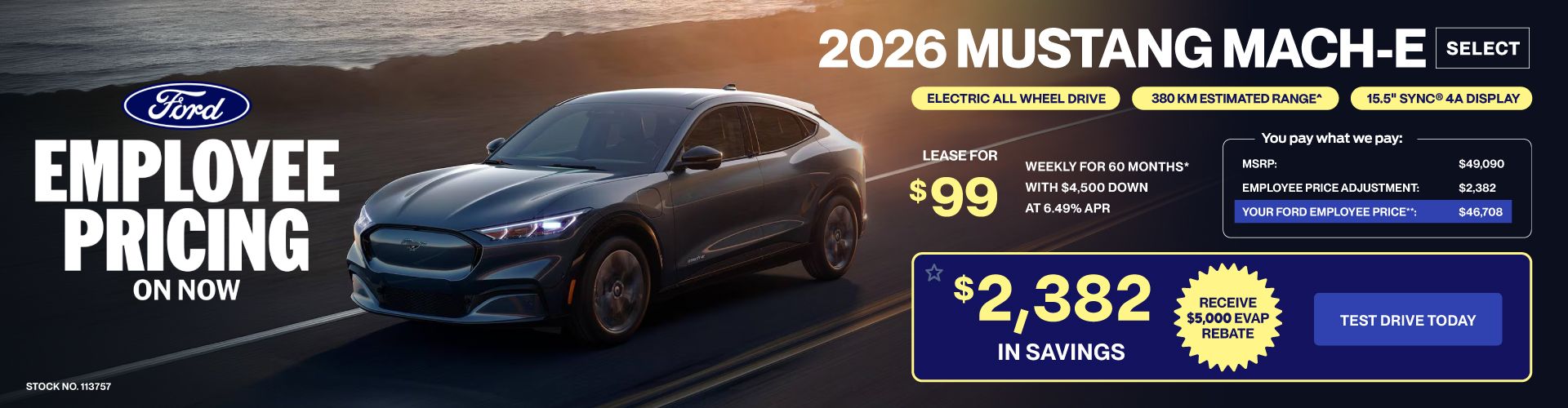 Lease a 2026 Ford Mustang Mach-E Select eAWD for $99 weekly*