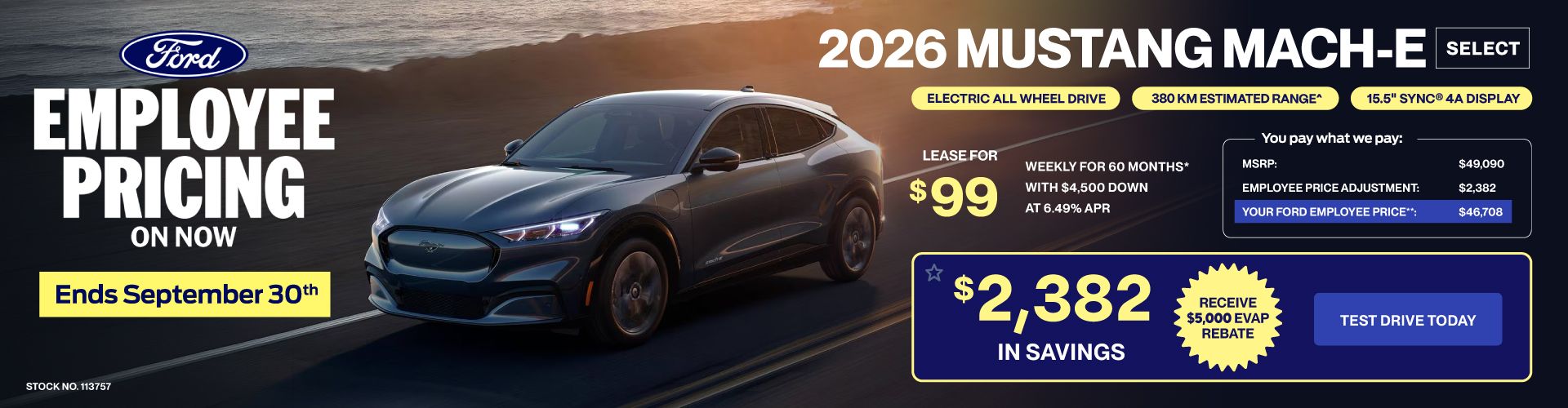 Lease a 2026 Ford Mustang Mach-E Select eAWD for $99 weekly*