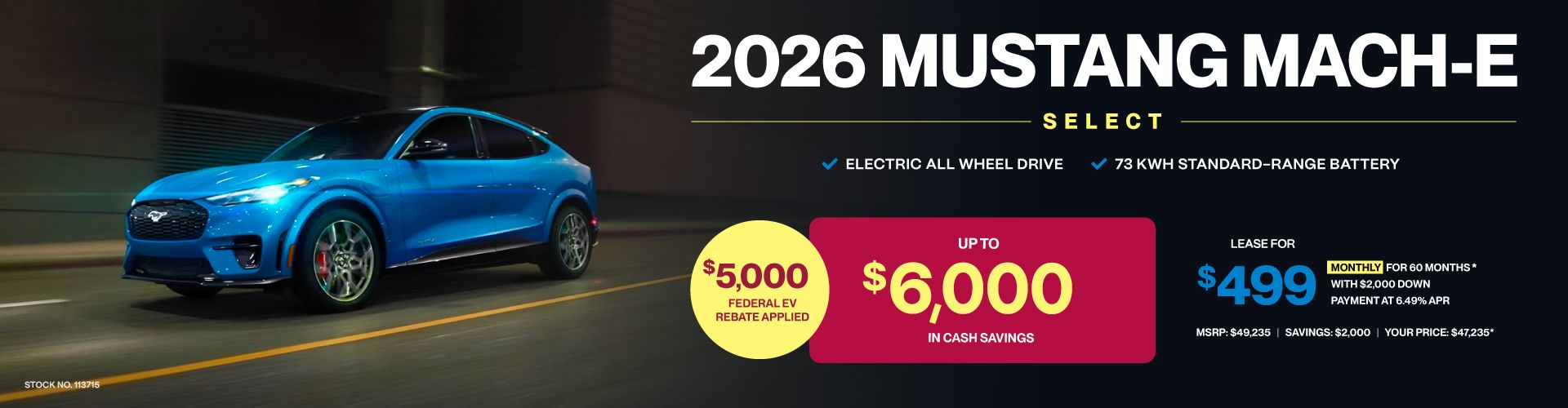 Lease a 2026 Ford Mustang Mach-E Select eAWD for $499 monthly*