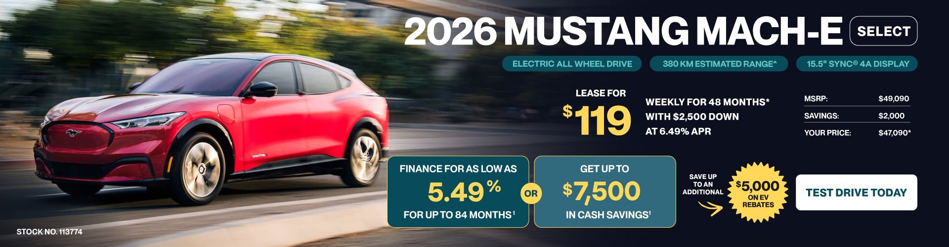 Lease a 2026 Ford Mustang Mach-E Select eAWD for $119 weekly*