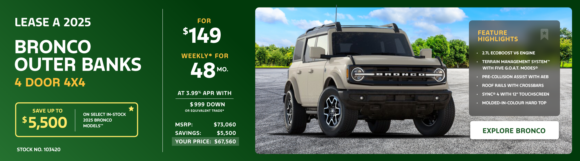 Lease a 2025 Bronco Outer Banks 4 Door 4X4 for $149 weekly*