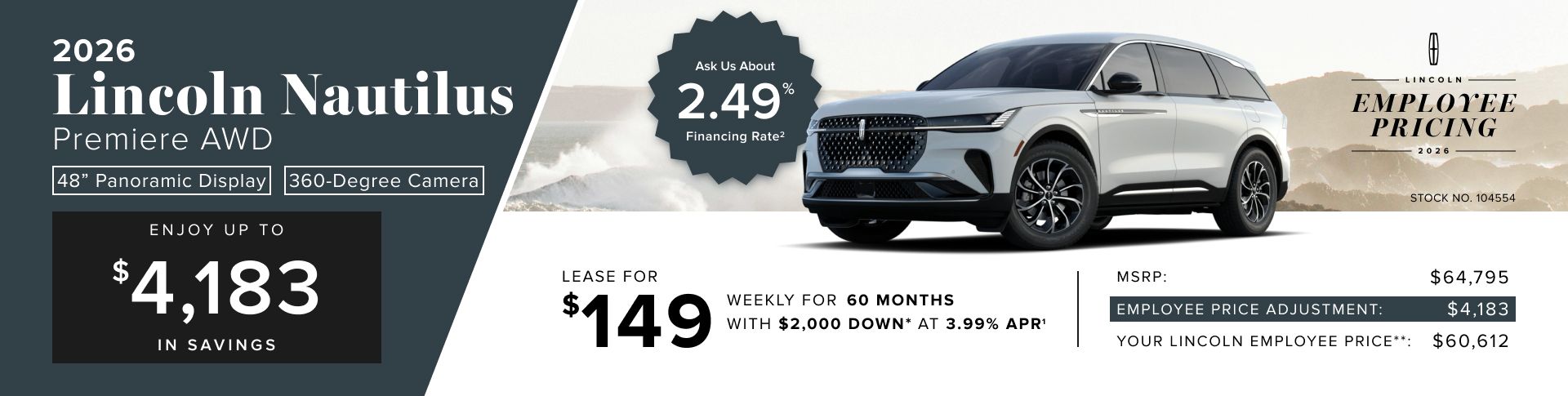 Lease a 2026 Lincoln Nautilus Premiere AWD for $149 weekly*