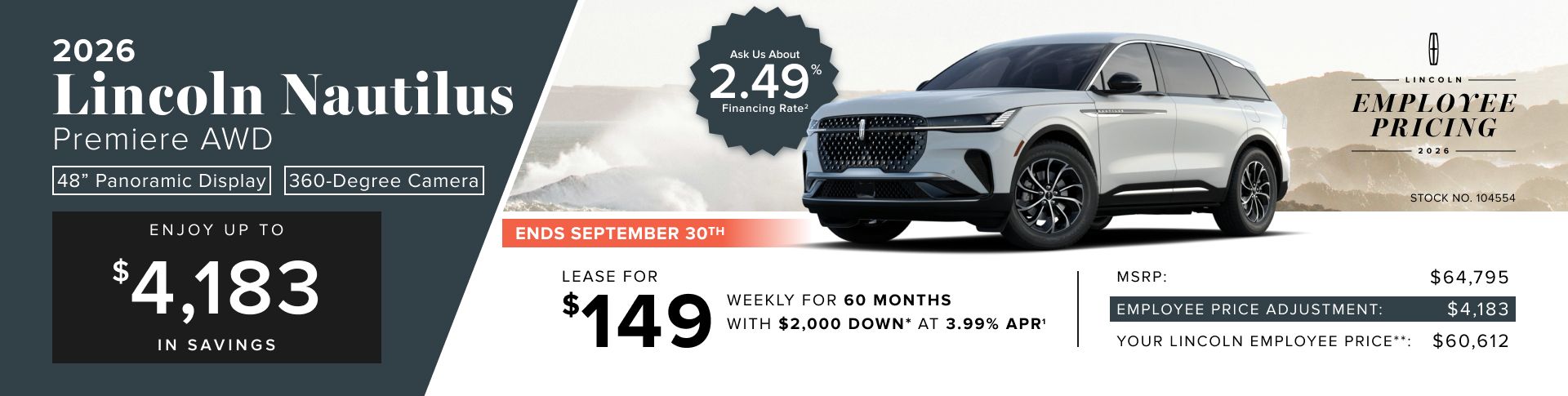 Lease a 2026 Lincoln Nautilus Premiere AWD for $149 weekly*