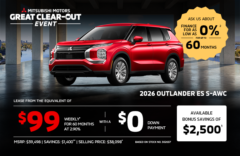 Lease a 2026 Mitsubishi Outlander ES S-AWC for as low as $99 weekly*