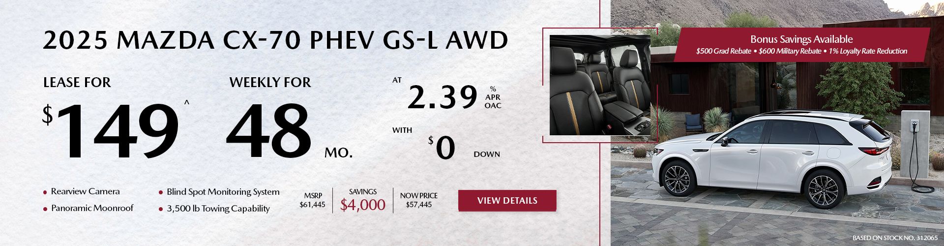 Lease a 2025 Mazda CX-70 PHEV GS-L AWD for $149 per week*