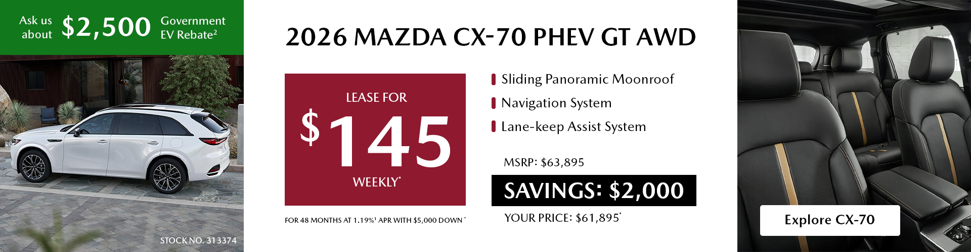 Own a 2026 Mazda CX-70 PHEV GT AWD for $145 per week*
