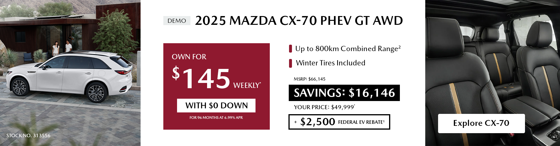 Own a 2025 Mazda CX-70 PHEV GT AWD for $145 per week*