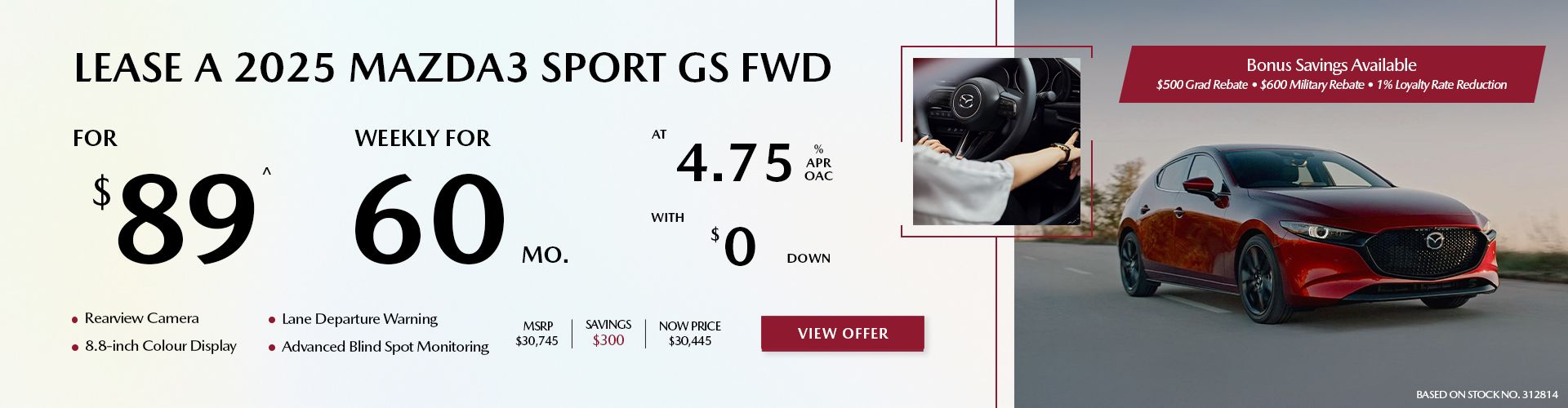 Lease a 2025 Mazda3 Sport GS FWD for $89 per week*