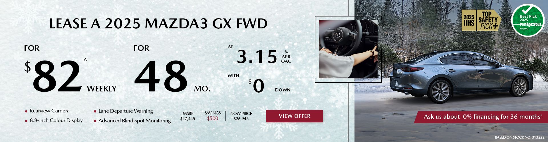 Lease a 2025 Mazda3 GX FWD for $82 per week*