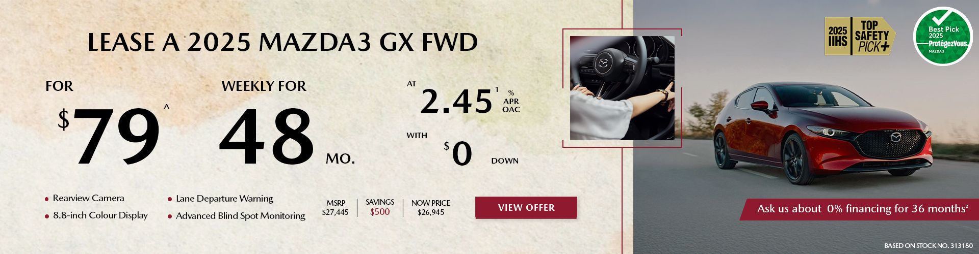 Lease a 2025 Mazda3 GX FWD for $79 per week*