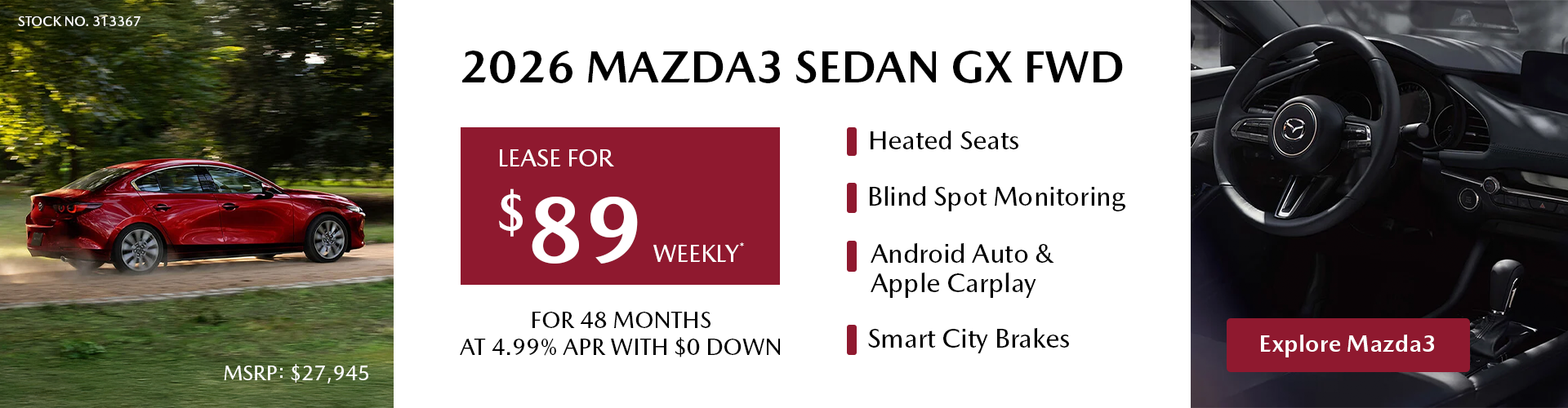 Lease a 2026 Mazda3 Sedan GX FWD for $89 per week*