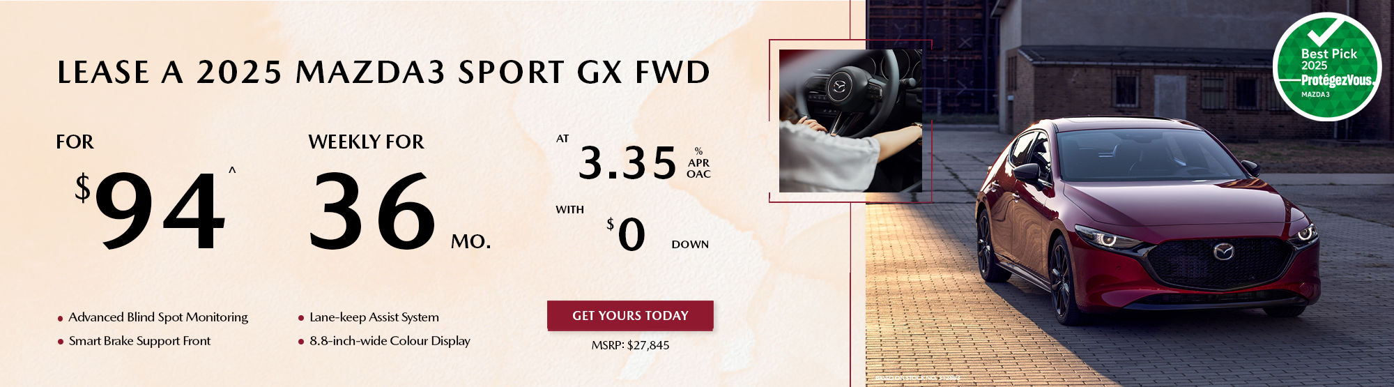Lease a 2025 Mazda3 Sport GX FWD for $94 per week*