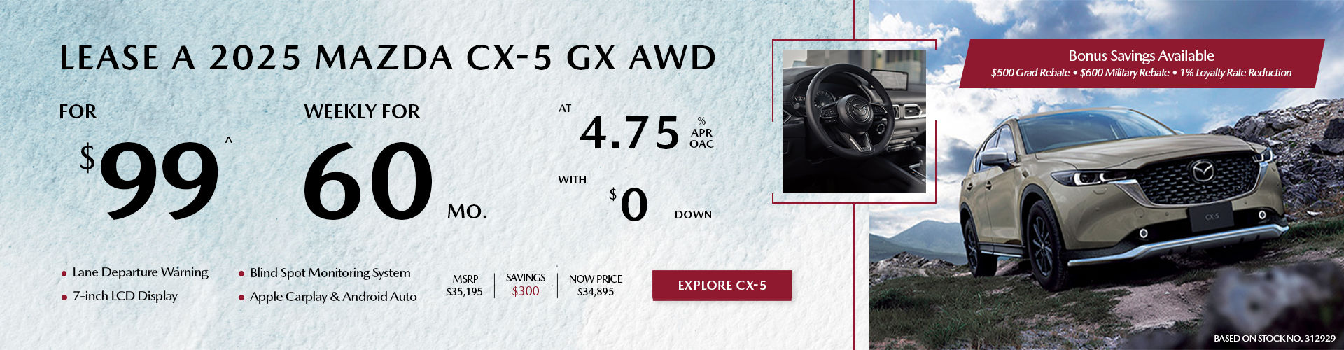 Lease a 2025 Mazda CX-5 GX AWD for $99 per week*