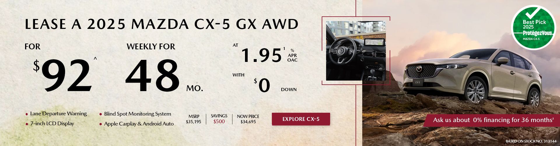 Lease a 2025 Mazda CX-5 GX AWD for $92 per week*