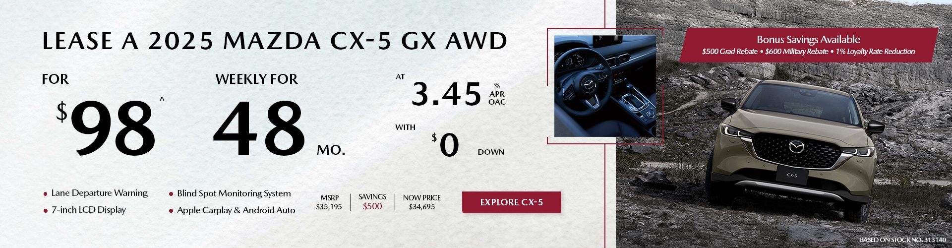 Lease a 2025 Mazda CX-5 GX AWD for $99 per week*