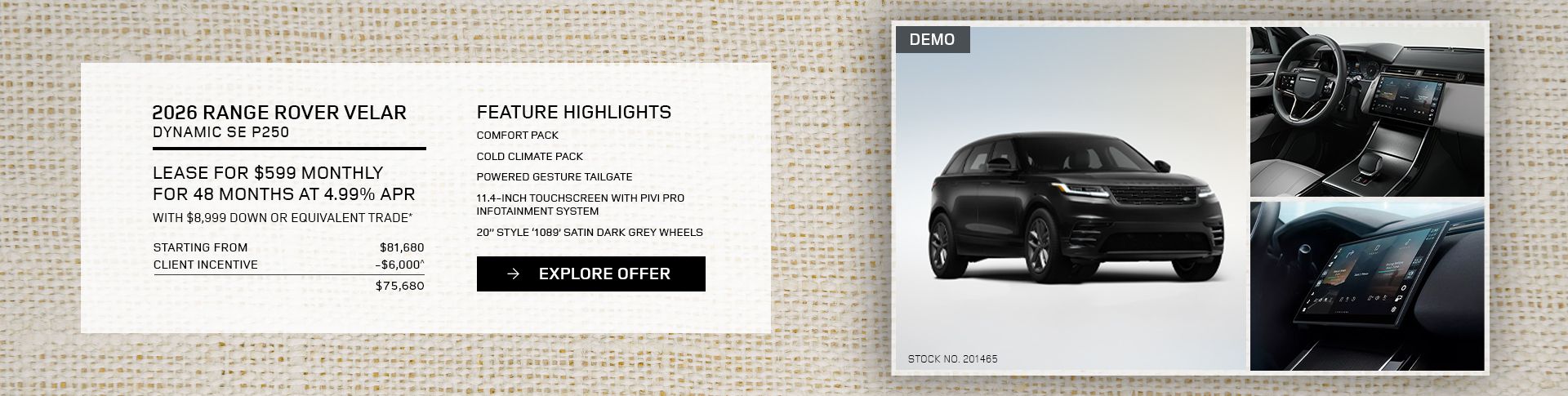 Lease a 2026 Range Rover Velar Dynamic SE P250 for $599 monthly*