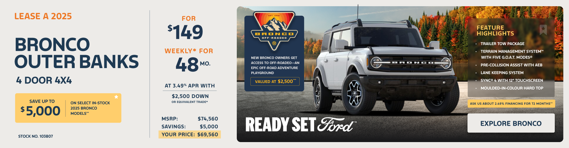 Lease a 2025 Bronco Outer Banks 4 Door 4X4 for $149 weekly*