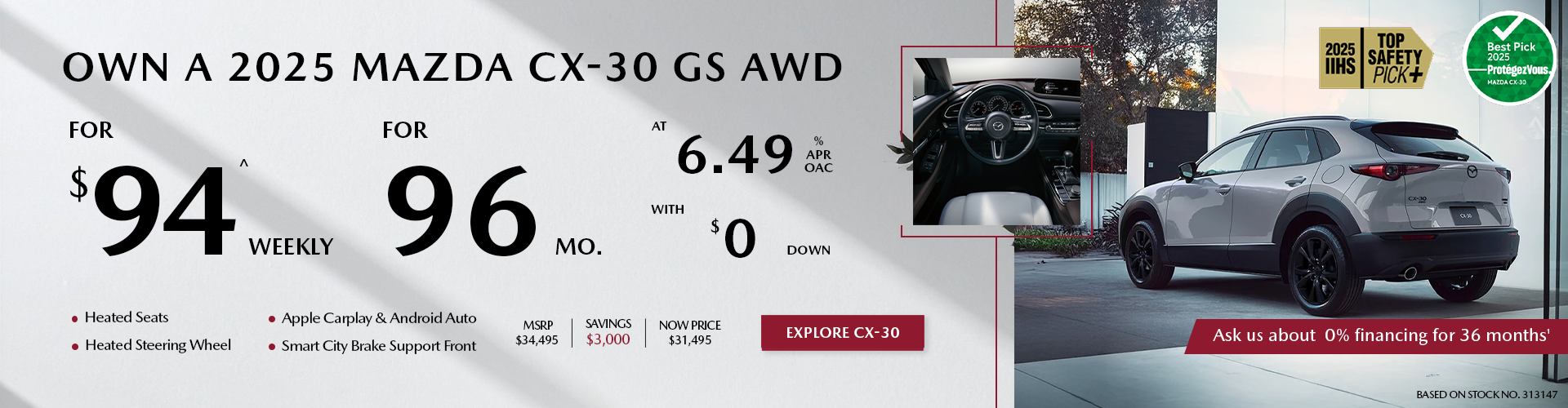 Own a 2025 Mazda CX-30 GS AWD for $94 per week*