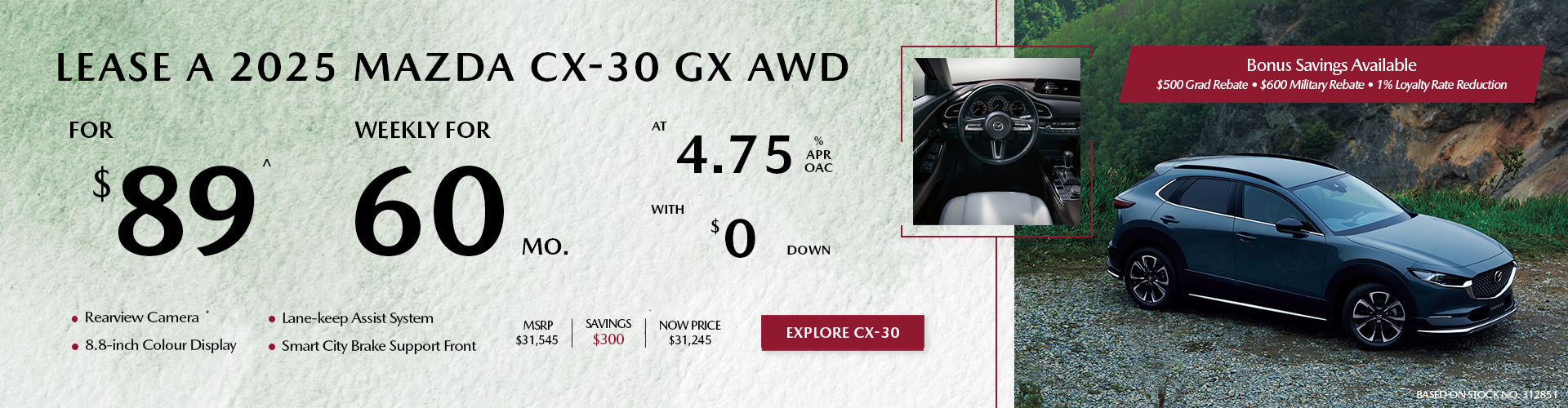 Lease a 2025 Mazda CX-30 GX AWD for $89 per week*