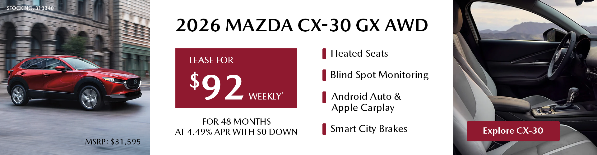 Lease a 2026 Mazda CX-30 GX AWD for $89 per week*