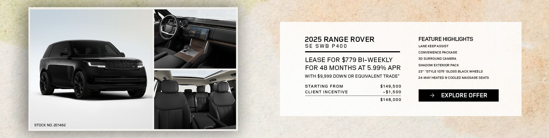 Lease a 2025 Range Rover SE SWB P400 for $779 bi-weekly*
