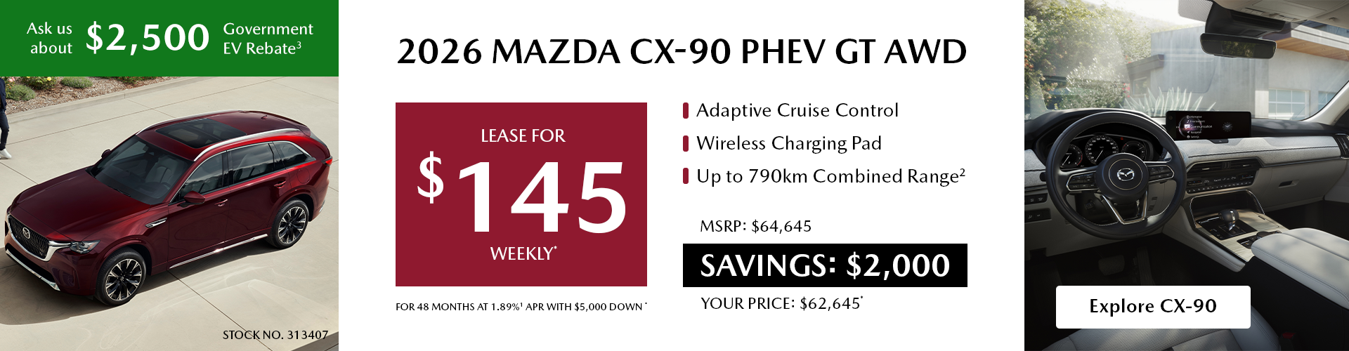 Lease a 2026 Mazda CX-90 PHEV GT AWD for $145 per week*