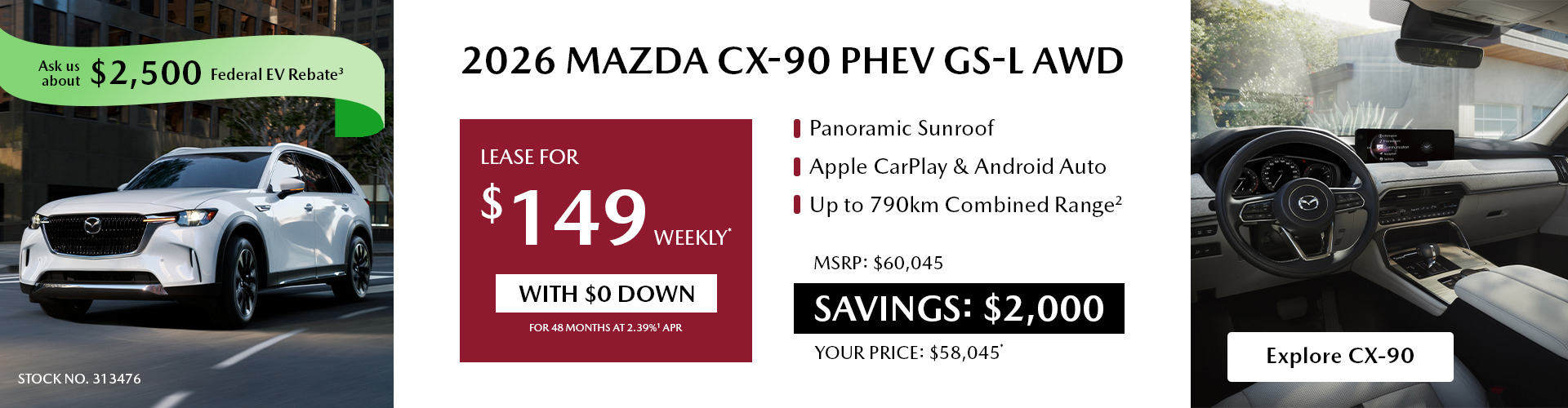 Lease a 2026 Mazda CX-90 PHEV GS-L AWD for $149 per week*