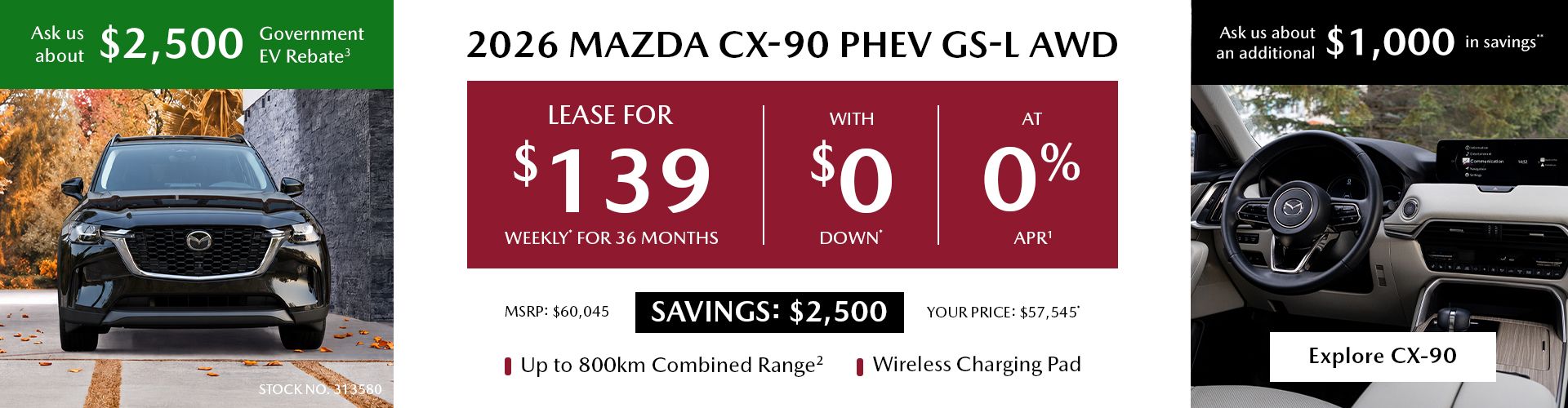 Lease a 2026 Mazda CX-90 PHEV GS-L AWD for $139 per week*