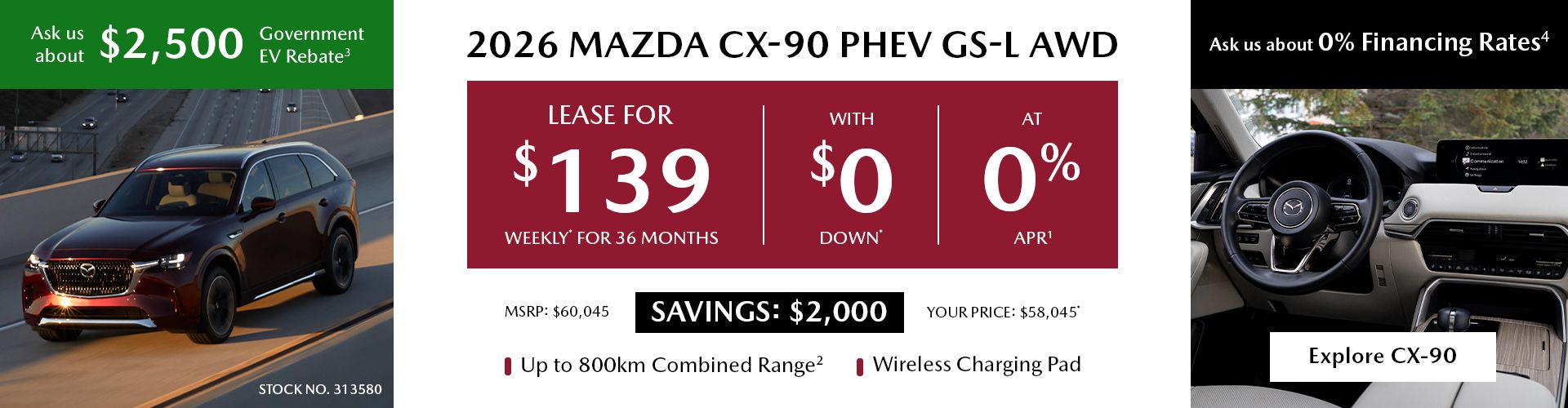 Lease a 2026 Mazda CX-90 PHEV GS-L AWD for $139 per week*