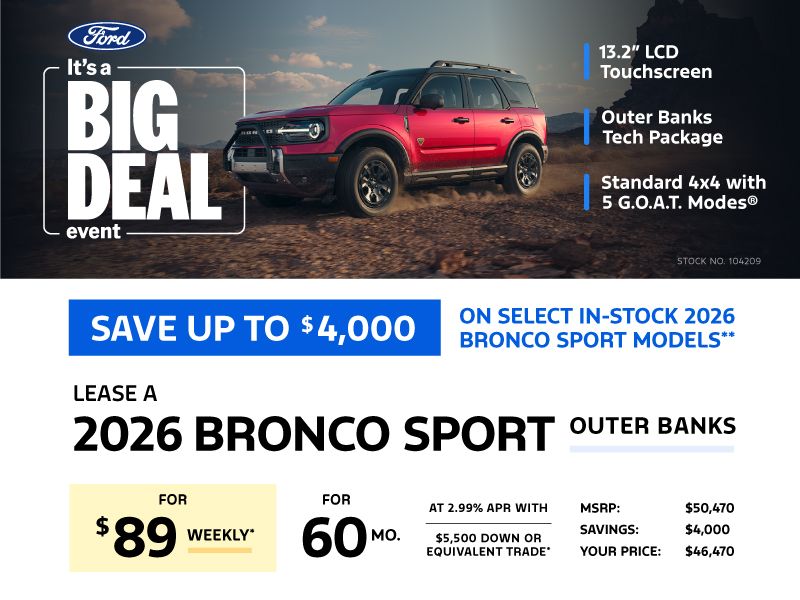 Lease a 2026 Bronco Sport Outer Banks for $89 weekly*