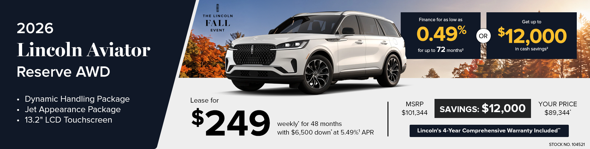 Lease a 2026 Lincoln Aviator Reserve AWD for $249 weekly*