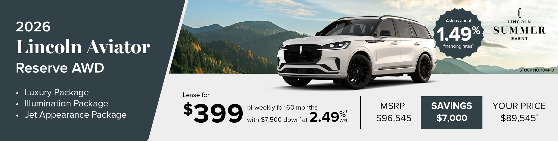 Lease a 2026 Lincoln Aviator Reserve AWD for $399 Bi-weekly*