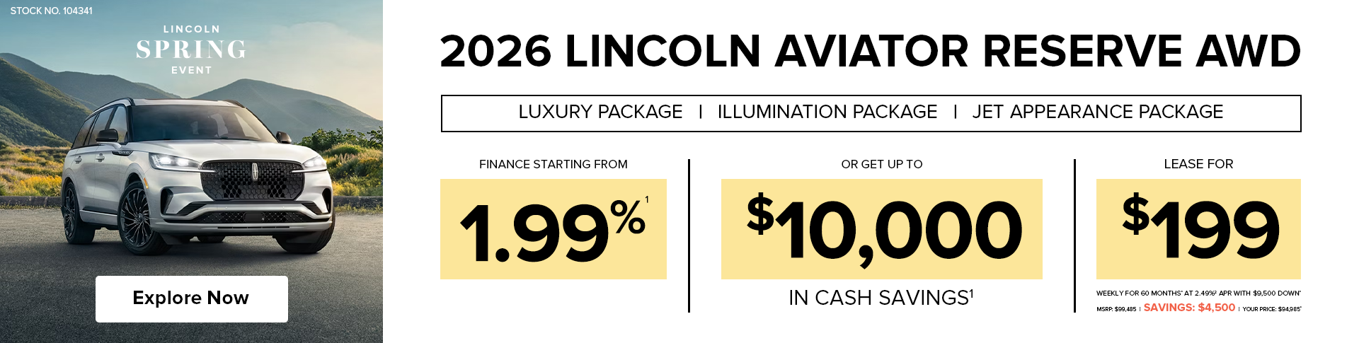 Lease a 2026 Lincoln Aviator Reserve AWD for $199 Weekly*