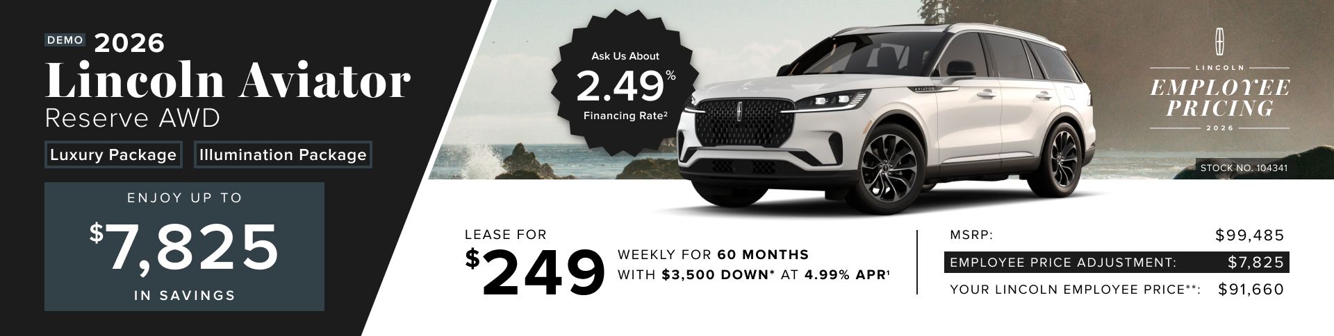 Lease a 2026 Lincoln Aviator Reserve AWD for $249 weekly*