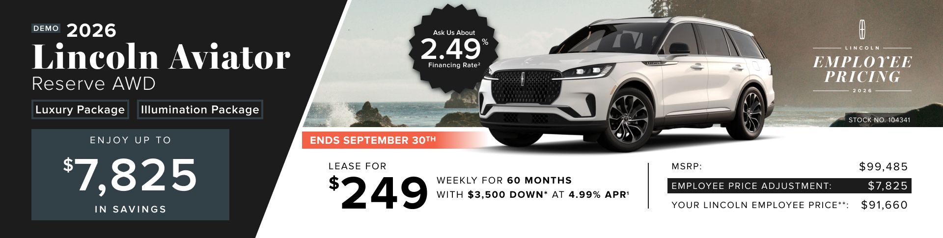 Lease a 2026 Lincoln Aviator Reserve AWD for $249 weekly*
