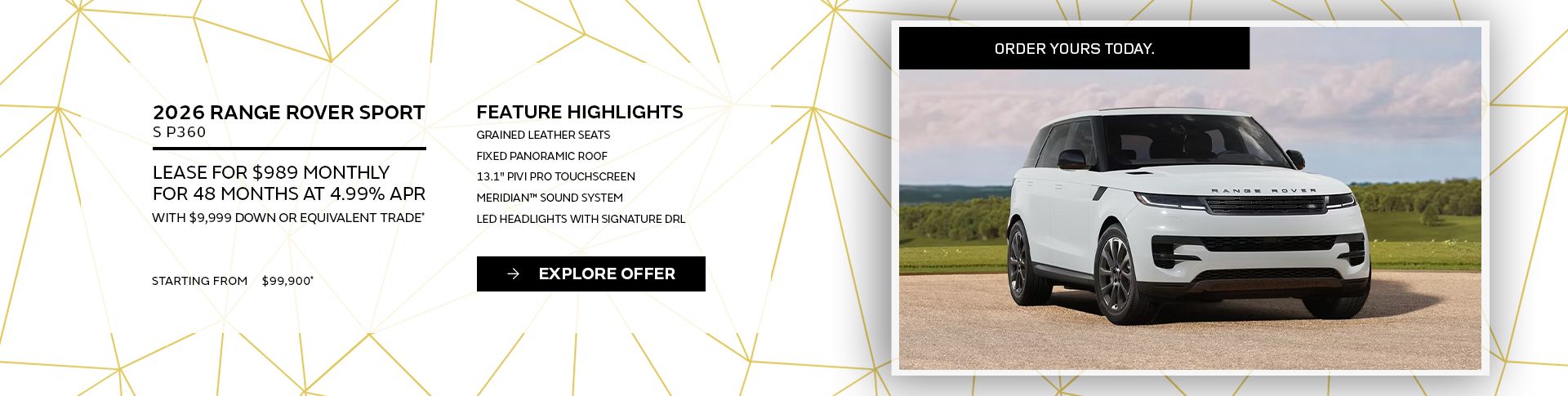 Lease a 2026 Range Rover Sport S P360 for $989 monthly*