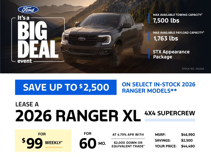 Lease a 2026 Ford Ranger XL 4X4 SuperCrew for $99 weekly*