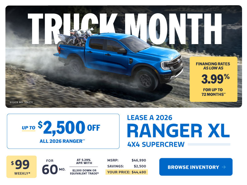 Lease a 2026 Ford Ranger XL 4X4 SuperCrew for $99 weekly*