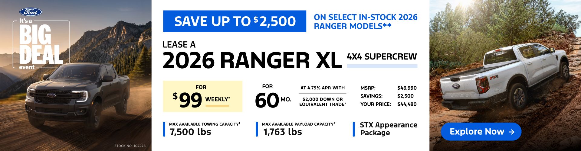 Lease a 2026 Ford Ranger XL 4X4 SuperCrew for $99 weekly*