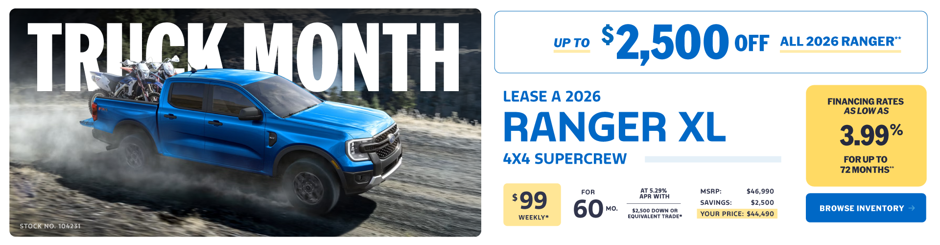 Lease a 2026 Ford Ranger XL 4X4 SuperCrew for $99 weekly*