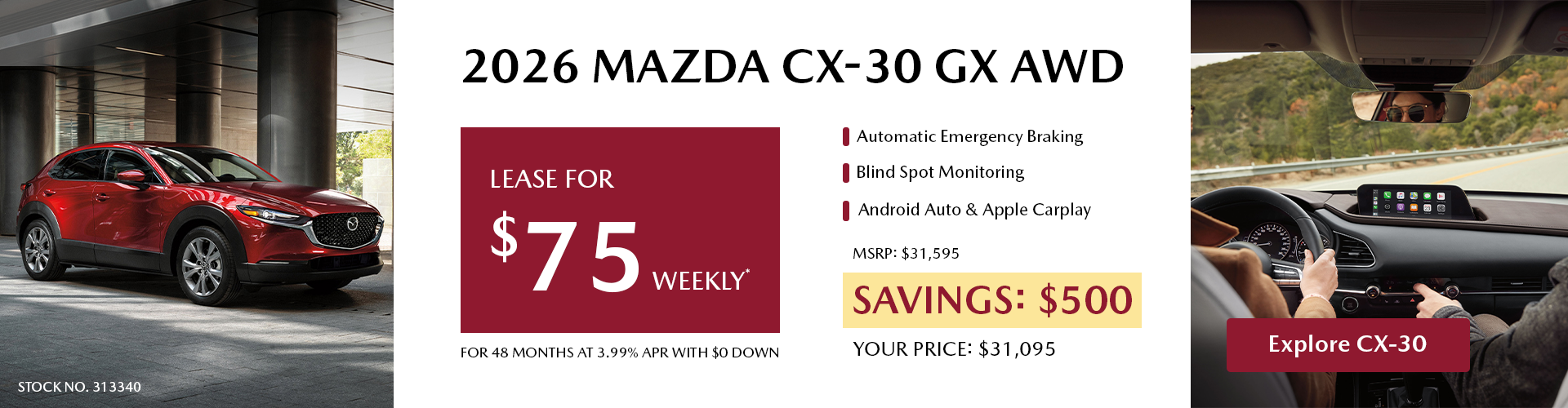 Lease a 2026 Mazda CX-30 GX AWD for $75 per week*