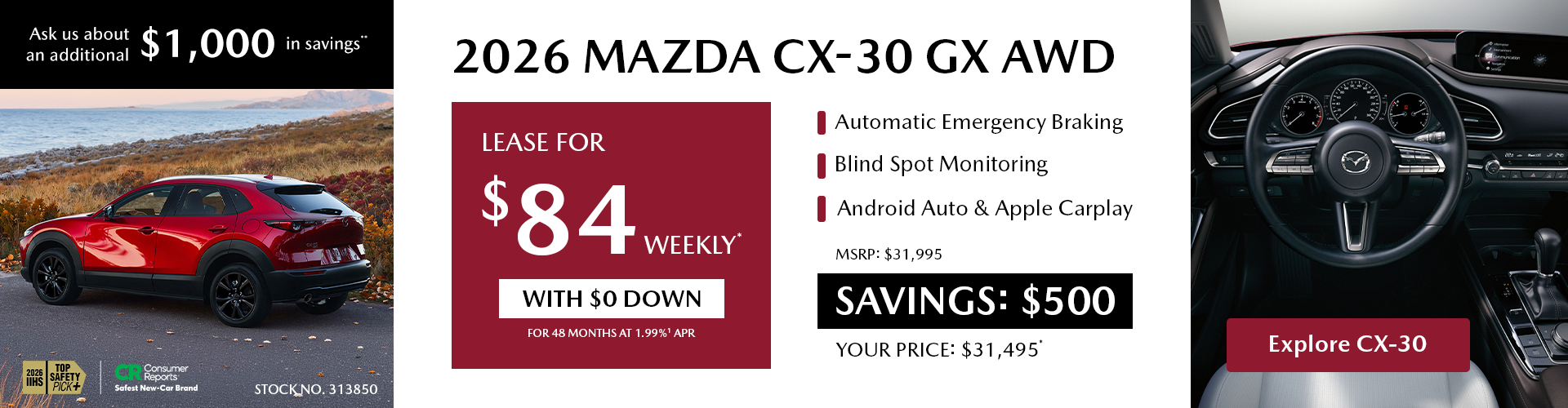 Lease a 2026 Mazda CX-30 GX AWD for $84 per week*