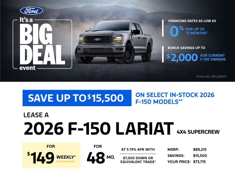 Lease a 2026 Ford F-150 Lariat 4X4 SuperCrew for $149 weekly*