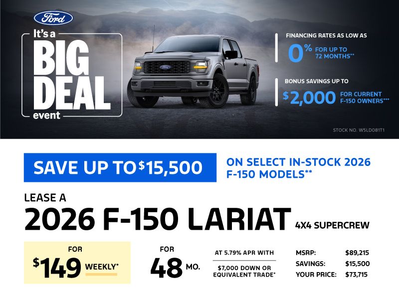 Lease a 2026 Ford F-150 Lariat 4X4 SuperCrew for $149 weekly*
