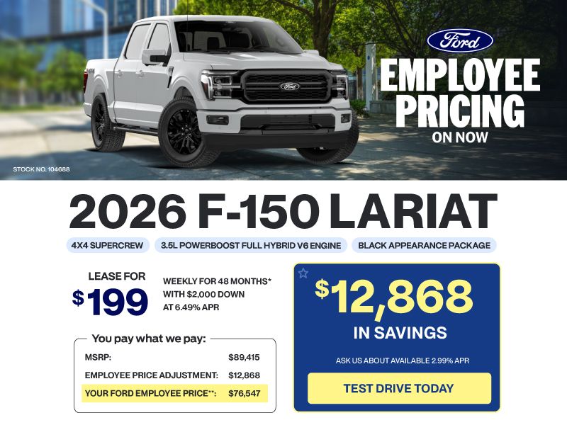 Lease a 2026 Ford F-150 Lariat Hybrid Black Appearance for $199 weekly*