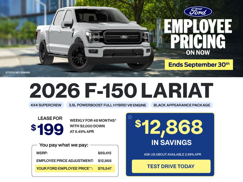 Lease a 2026 Ford F-150 Lariat Hybrid Black Appearance for $199 weekly*